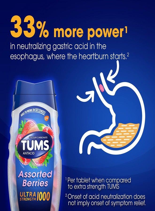 TUMS Ultra Strength Antacid Tablets for Chewable Heartburn Relief and Acid Indigestion Relief, Assorted Berries - 12 Pack of 12 Count Rolls - Image 4